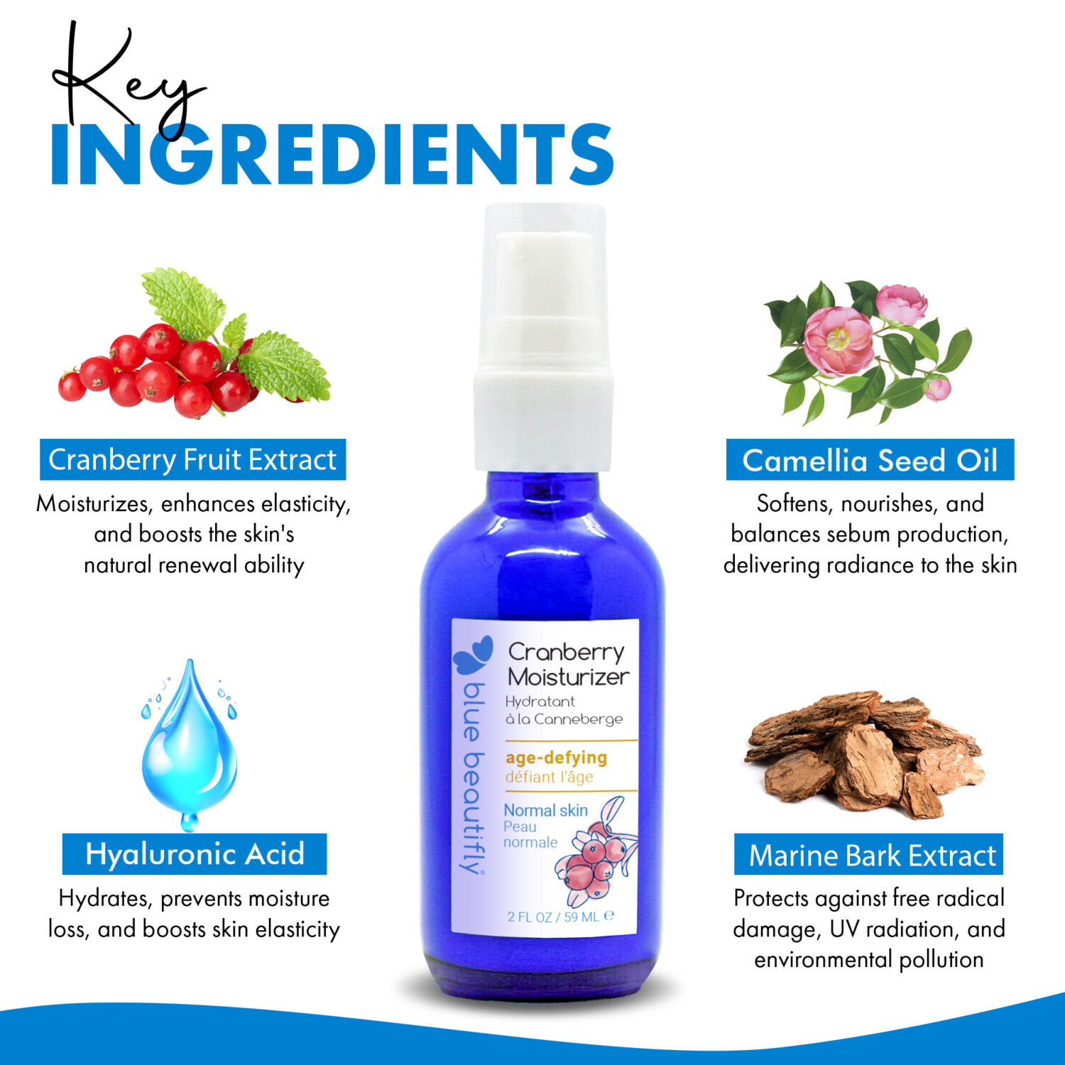 Blue Beautifly Cranberry Moisturizer key ingredients are Cranberries, hyaluronic acid, marine bark extract, and camellia seed oil