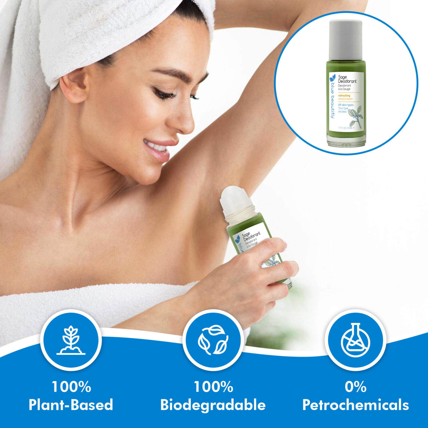 Blue Beautifly Sage Deodorant is 100% plant-based and biodegradable and contains no petrochemicals or toxins